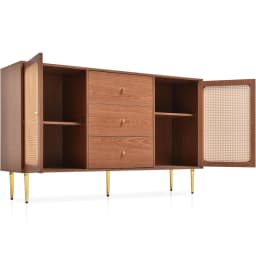 KOMHTOM chest of drawers with 2 doors and 3 drawers, rattan door chest of drawers with push box, Walnut