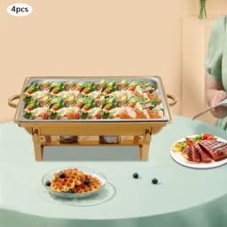 4Pcs 7.5L Buffet Warmer Dishes Gold Dishes Set 410 Stainless Steel w/4 Serving Tongs Food Warmers for Cafeterias, Party
