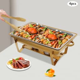 4Pcs 7.5L Buffet Warmer Dishes Gold Dishes Set 410 Stainless Steel w/4 Serving Tongs Food Warmers for Cafeterias, Party