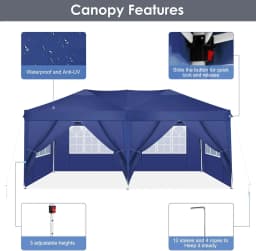 3x6m Folding Pavilion Waterproof Stable Party Tent with 6 Side Panels Pop-up Garden Canopy 3 Height Adjustable for Beach,Wedding