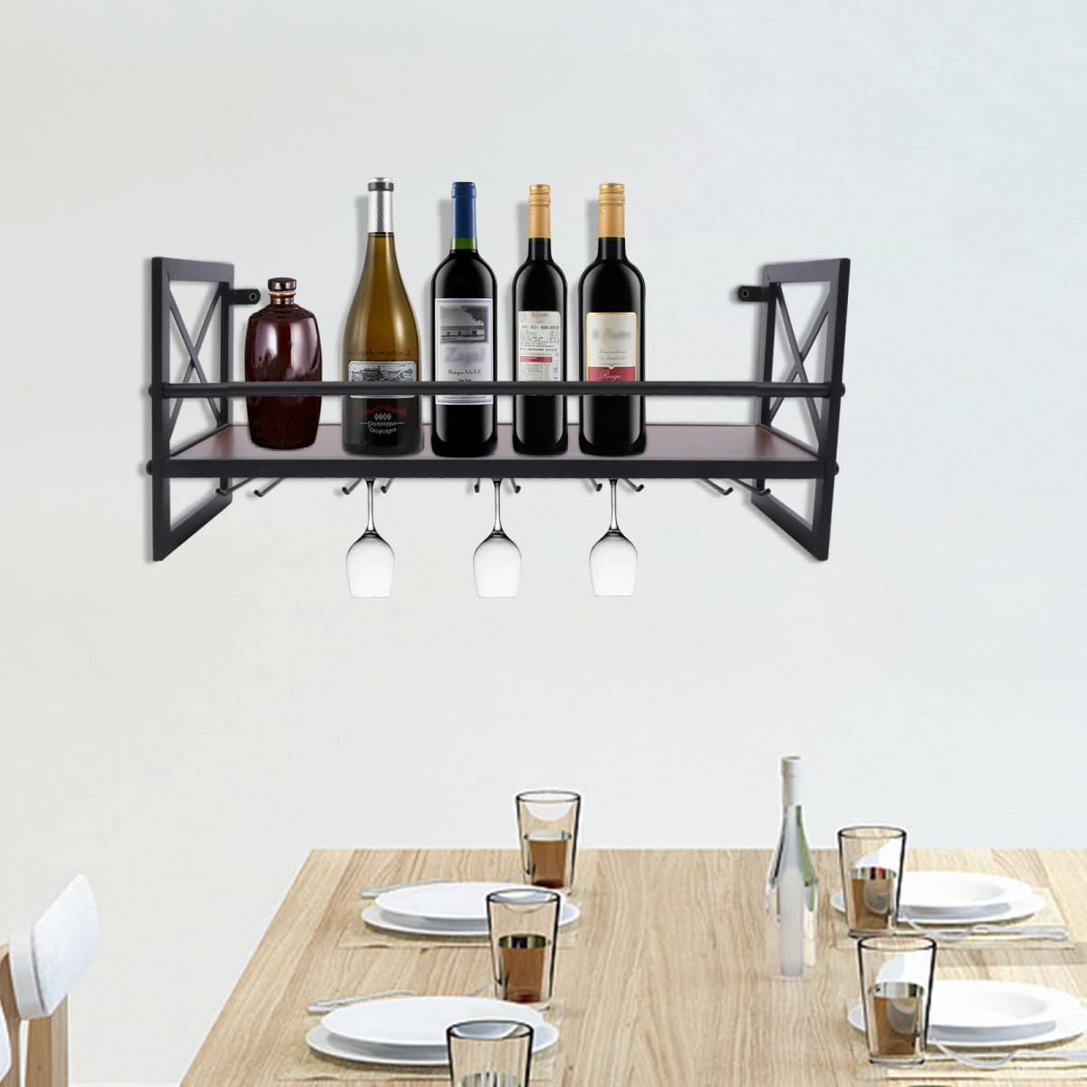 Bar Wine Shelf Wall-Mounted Decor Iron Wine Rack Bottle Champagne Glass Holder Shelves Bar Home Party