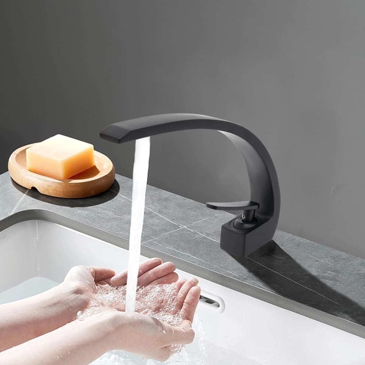 Waterfall Basin Mixer Tap,Bathroom Faucet,Single Lever Modern Simplicity Kitchen Faucet Cold Hot for Bathroom Guest Toilet Black