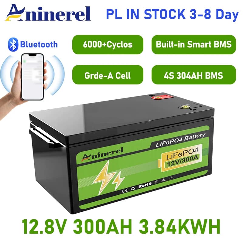 Aninerel 12.8V 304Ah LiFePO4 Battery 3.84Kwh 6000+ Cycles BT 12V 300Ah portable battery Home Solar RV Golf Cart Lithium Battery