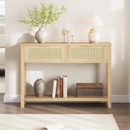 2-Tier Boho Rattan Wooden Entrance Console Table 2 Drawers 2 Shelves Narrow Sofa Table for Living Room Hallway Entrance