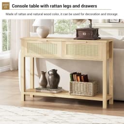 2-Tier Boho Rattan Wooden Entrance Console Table 2 Drawers 2 Shelves Narrow Sofa Table for Living Room Hallway Entrance