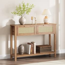 2-Tier Boho Rattan Wooden Entrance Console Table 2 Drawers 2 Shelves Narrow Sofa Table for Living Room Hallway Entrance