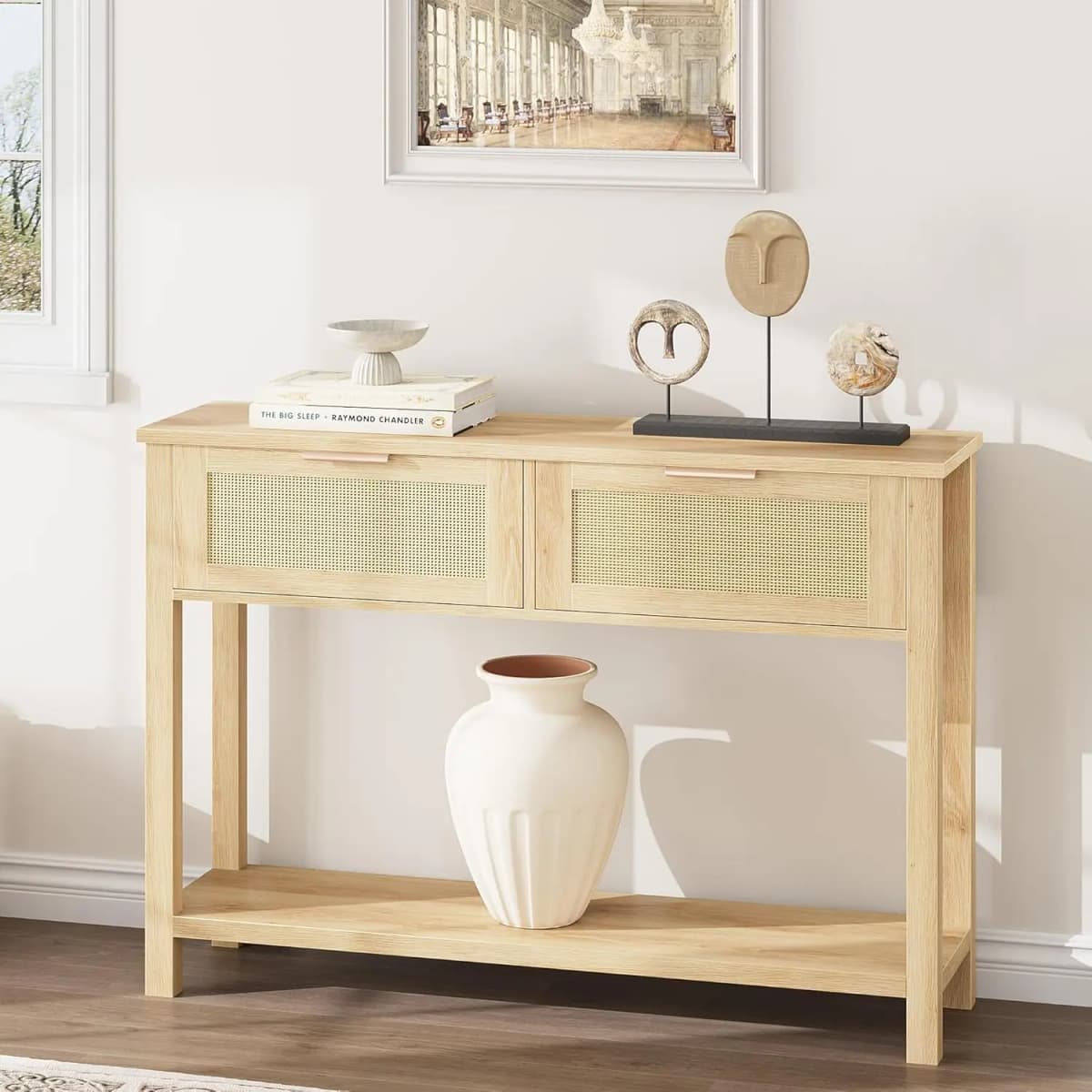 2-Tier Boho Rattan Wooden Entrance Console Table 2 Drawers 2 Shelves Narrow Sofa Table for Living Room Hallway Entrance