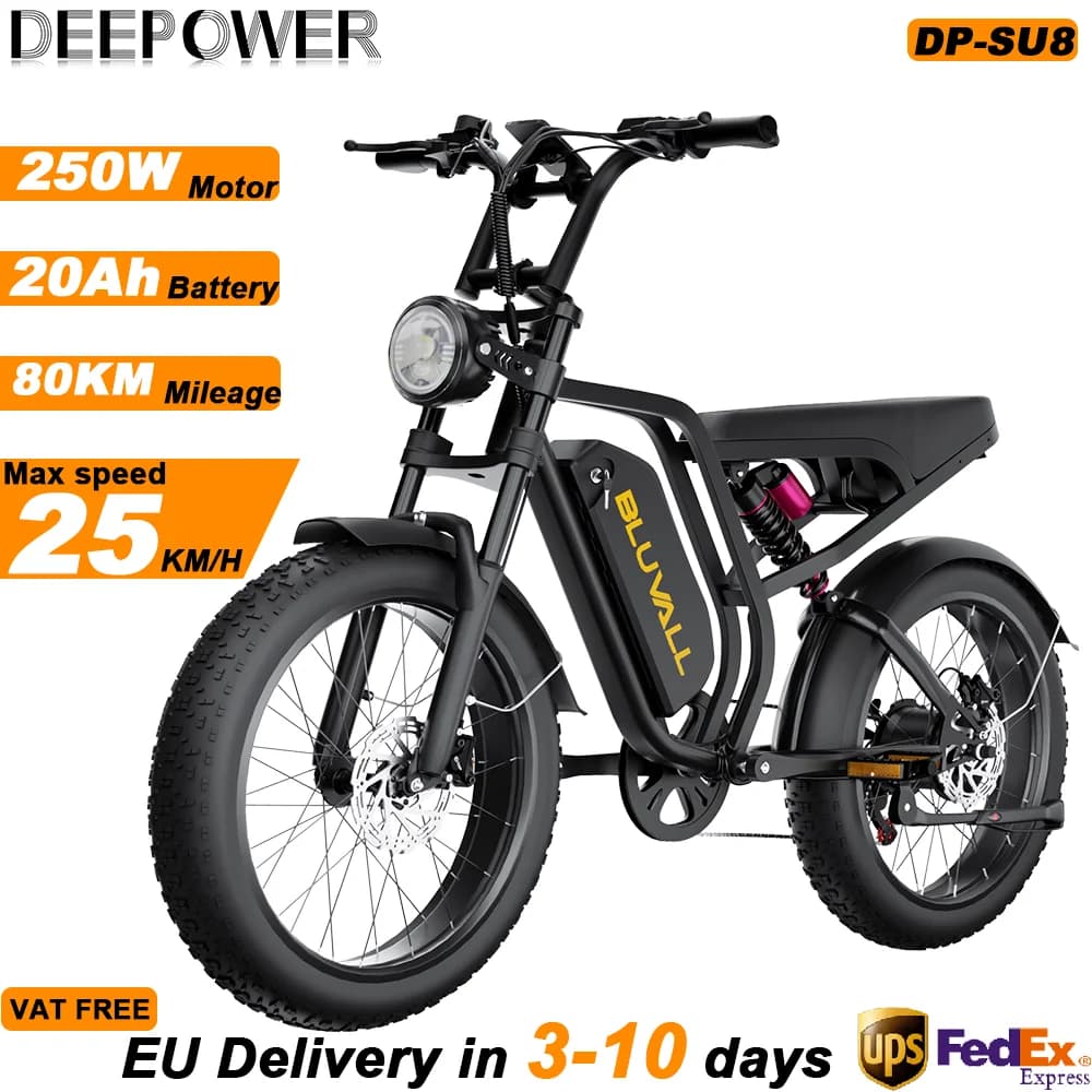 DEEPOWER SU8 250W All-Terrain Electric Bike with 52V 20Ah Removable High-Performance Battery 7-Speed Electric Bicycle Hydraulic Brakes Dual Shock Absorption LED Smart Instrument Panel 20-inch Wide Tires Unisex Urban Commuting Ebike