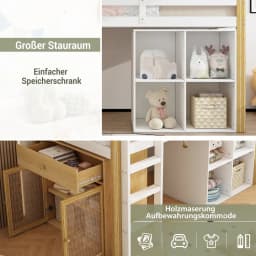 90 X 200cm Children's Bunk Bed, Multifunctional Kids Bed, with 2 Storage Cabinets and Ladder, Without Mattress, Nature + White