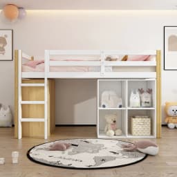 90 X 200cm Children's Bunk Bed, Multifunctional Kids Bed, with 2 Storage Cabinets and Ladder, Without Mattress, Nature + White