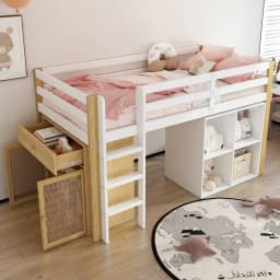 90 X 200cm Children's Bunk Bed, Multifunctional Kids Bed, with 2 Storage Cabinets and Ladder, Without Mattress, Nature + White