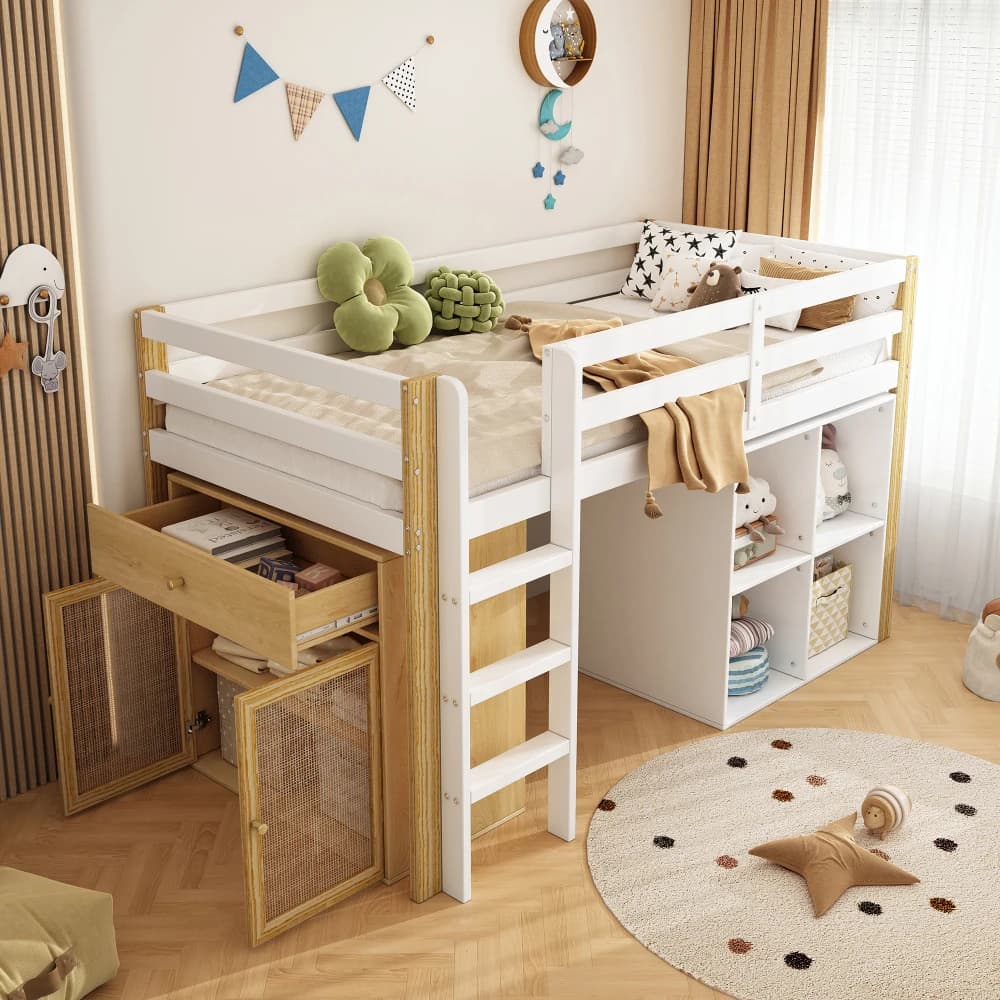 90 X 200cm Children's Bunk Bed, Multifunctional Kids Bed, with 2 Storage Cabinets and Ladder, Without Mattress, Nature + White