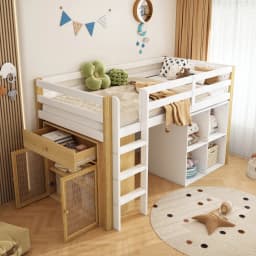90 X 200cm Children's Bunk Bed, Multifunctional Kids Bed, with 2 Storage Cabinets and Ladder, Without Mattress, Nature + White