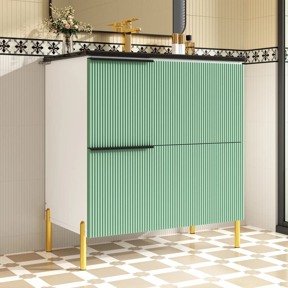 Green Freestanding Bathroom Vanity with Ceramic Single Sink MDF Bathroom Sink Cabinet Multifunctional Bathroom Storage Organizer