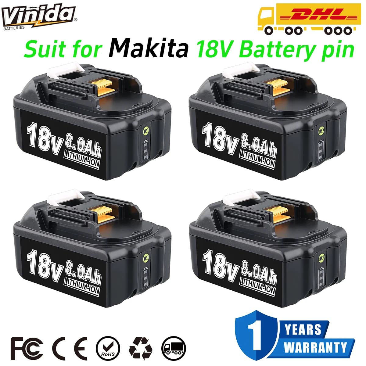 VINIDA BL1860B 1/2/4P 8.0Ah 18V Lithium Battery Replace for Makita BL1860 BL1850B BL1840B BL1830 BL1820 BL1815B Tool Battery pin