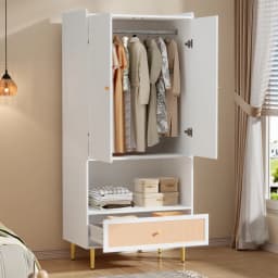 Large Rattan Drawer Wardrobe with 2 Doors Bedroom Cabinet Metal Legs Handles 80x48x175 Cm Storage Organizer