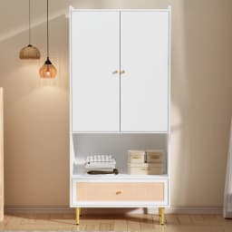 Large Rattan Drawer Wardrobe with 2 Doors Bedroom Cabinet Metal Legs Handles 80x48x175 Cm Storage Organizer
