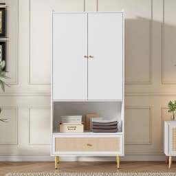 Large Rattan Drawer Wardrobe with 2 Doors Bedroom Cabinet Metal Legs Handles 80x48x175 Cm Storage Organizer