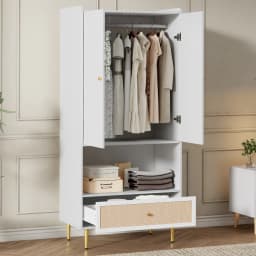 Large Rattan Drawer Wardrobe with 2 Doors Bedroom Cabinet Metal Legs Handles 80x48x175 Cm Storage Organizer