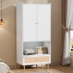 Large Rattan Drawer Wardrobe with 2 Doors Bedroom Cabinet Metal Legs Handles 80x48x175 Cm Storage Organizer