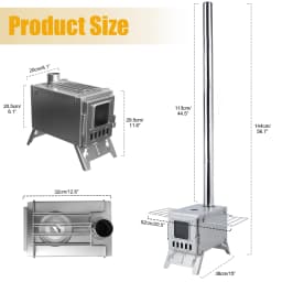 Wood Burning Stove with 5 Pipes Accessories, Visible Window Side Panels Heating Cooking Hot Tent Stove, Large Firebox Stainless