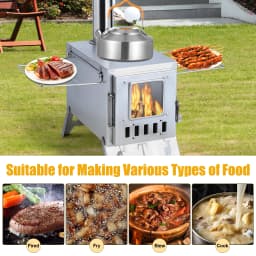 Wood Burning Stove with 5 Pipes Accessories, Visible Window Side Panels Heating Cooking Hot Tent Stove, Large Firebox Stainless