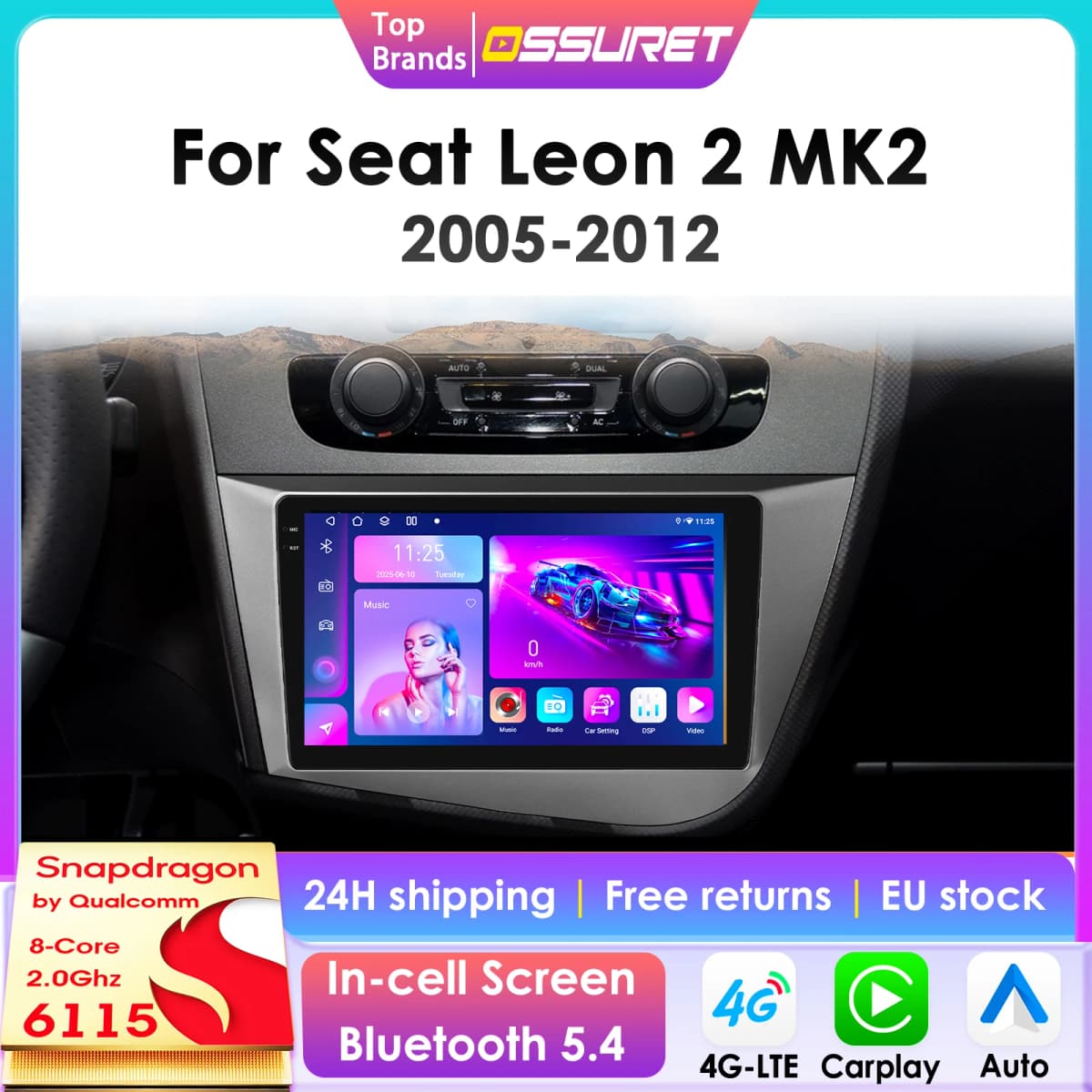 OSSURET CarPlay Android Car Radio For Seat Leon 2 MK2 2005-2012 Car Multimedia Player Navi GPS 2din 4G-LET autoradio RDS 6115