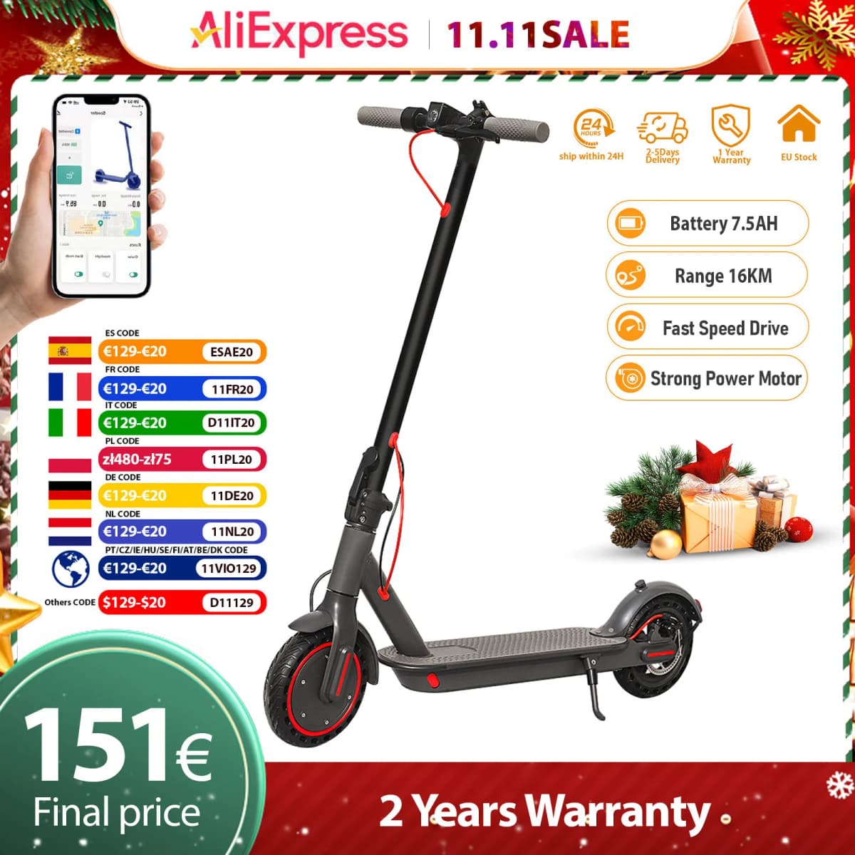 JUICEASE TUYA Electric Scooter 16KM Range Electric Kick Scooter 36V7.5AH Battery Quick Riding APP Smart Folding Adults Scooter