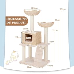 Multi-tiered cat tree, cat's tail grass nest, plush perch, sisal platform and scratching post, Nature's Design Cat Tree,122 cm