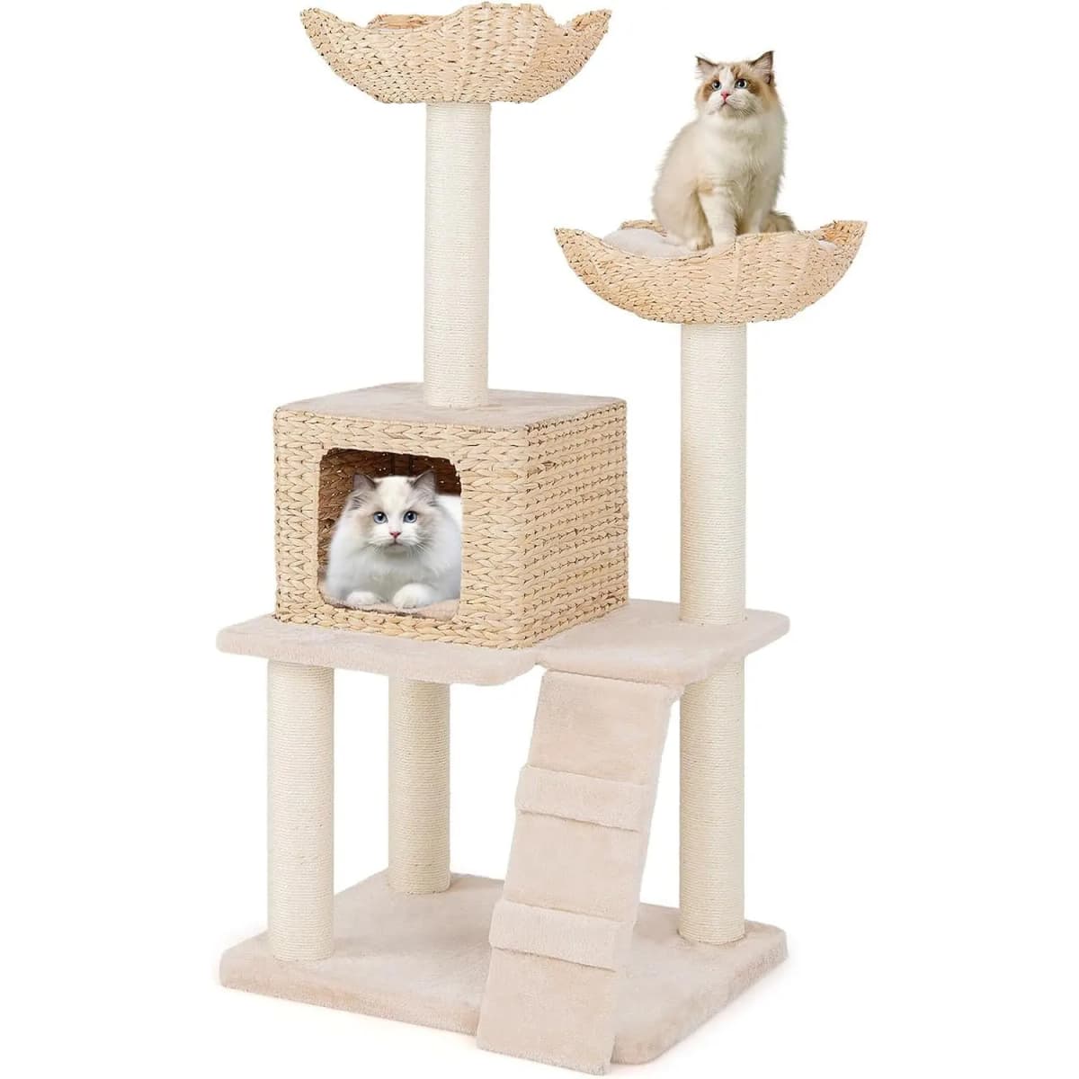 Multi-tiered cat tree, cat's tail grass nest, plush perch, sisal platform and scratching post, Nature's Design Cat Tree,122 cm