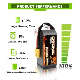 OVONIC 4s Lipo Battery 1600 mAh 120C 14.8V with XT60 Connector for RC FPV Helicopter Aeroplane Quadcopter Hobby Racing (2P