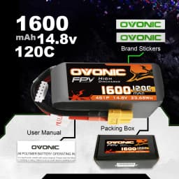 OVONIC 4s Lipo Battery 1600 mAh 120C 14.8V with XT60 Connector for RC FPV Helicopter Aeroplane Quadcopter Hobby Racing (2P