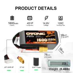 OVONIC 4s Lipo Battery 1600 mAh 120C 14.8V with XT60 Connector for RC FPV Helicopter Aeroplane Quadcopter Hobby Racing (2P