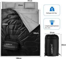 2 in 1 double sleeping bag, single sleeping bag XL, ceiling sleeping bag 2 persons/With 2 pillows/220x150cm/for camping, hiking