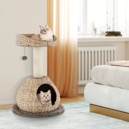 72 CM Cat Tree, 2 tiers, with platform, sisal posts, soft cushions, ball, for cats and kittens, brown and beige colours