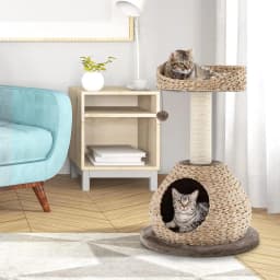 72 CM Cat Tree, 2 tiers, with platform, sisal posts, soft cushions, ball, for cats and kittens, brown and beige colours