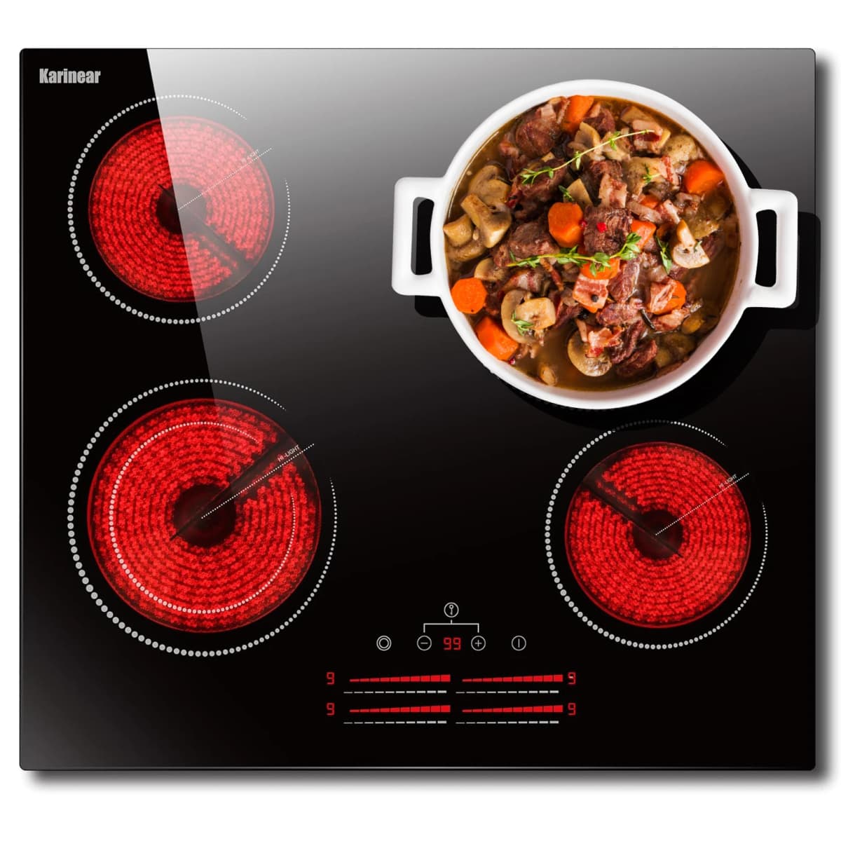 Karinear Ceramic Hob, 4 Zone Electric Hob 60cm Built-in Ceramic Cooker with Double Ring Zone Function, Touch, 6600W Hard Wired