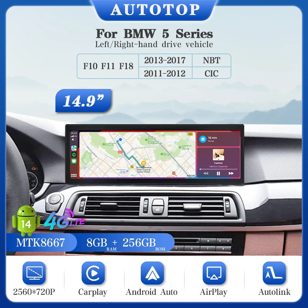 AUTOTOP 14.9" 8G+128G Android 13 Touchscreen For BMW 5 Series F10 F11 F18 2010-2017 GPS Navigation BT 5.0 4G Wifi Radio Carplay