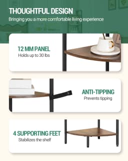 Corner Shelf Stand, Corner Bookshelf, Storage Standing Shelf Unit with Metal Frame, Corner Bookcase for Home Office