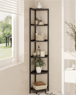 Corner Shelf Stand, Corner Bookshelf, Storage Standing Shelf Unit with Metal Frame, Corner Bookcase for Home Office