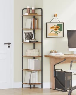 Corner Shelf Stand, Corner Bookshelf, Storage Standing Shelf Unit with Metal Frame, Corner Bookcase for Home Office