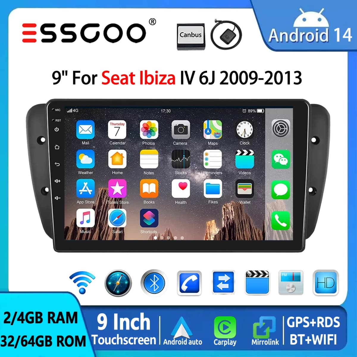 ESSGOO Android 14 2DIN Car Stereo Radio 9" Display For Seat Ibiza IV 6J 09-13 Apple Carplay Android Auto GPS Navi BT FM RDS Wifi