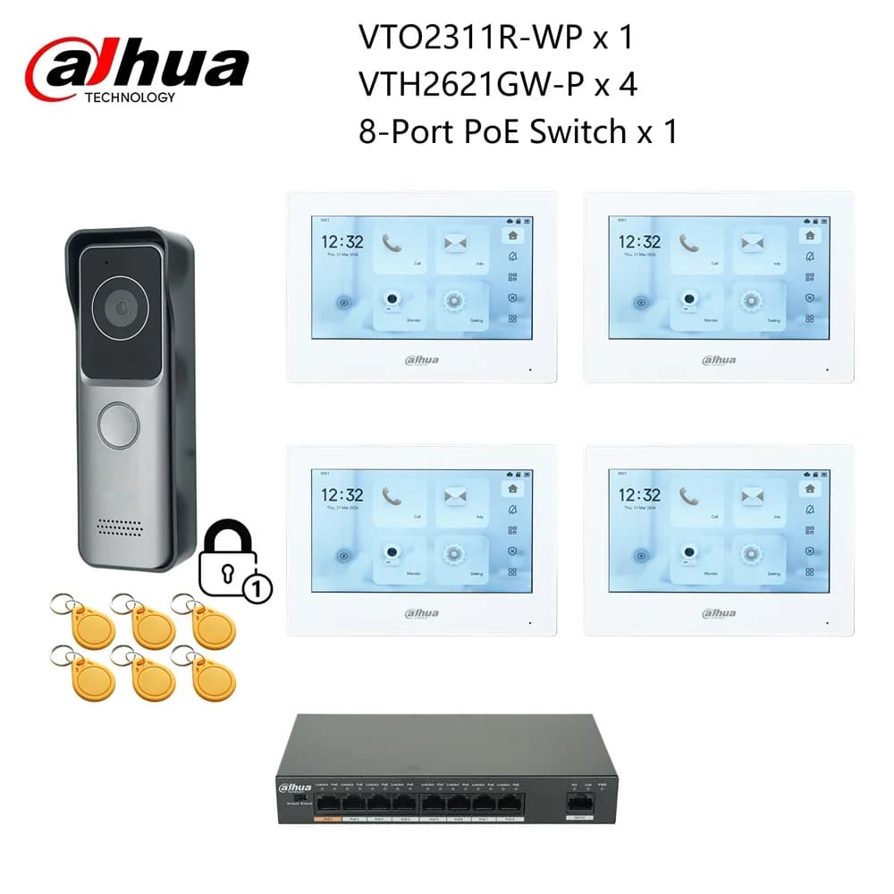 Dahua Multi-Language IP Video Intercom KIT,VTO2311R-WP & VTH2621GW-P & PoE switch,support phone app, RFID Card Unlock