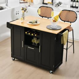Kitchen Trolley on Wheels, Central Kitchen Island with Extendable Folding Worktop, Rubberwood Serving Trolley with Drawer