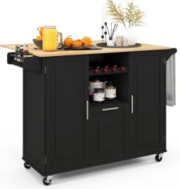 Kitchen Trolley on Wheels, Central Kitchen Island with Extendable Folding Worktop, Rubberwood Serving Trolley with Drawer