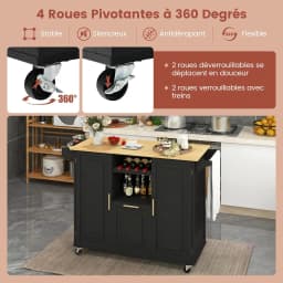 Kitchen Trolley on Wheels, Central Kitchen Island with Extendable Folding Worktop, Rubberwood Serving Trolley with Drawer