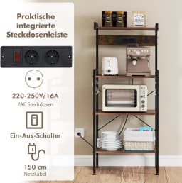 Kitchen Shelf with Sockets, 4-Tier Microwave Shelf with 8 S-shaped Hooks, Standing Shelf ,Rustic Brown
