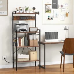 Kitchen Shelf with Sockets, 4-Tier Microwave Shelf with 8 S-shaped Hooks, Standing Shelf ,Rustic Brown