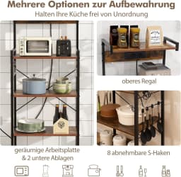 Kitchen Shelf with Sockets, 4-Tier Microwave Shelf with 8 S-shaped Hooks, Standing Shelf ,Rustic Brown