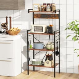 Kitchen Shelf with Sockets, 4-Tier Microwave Shelf with 8 S-shaped Hooks, Standing Shelf ,Rustic Brown
